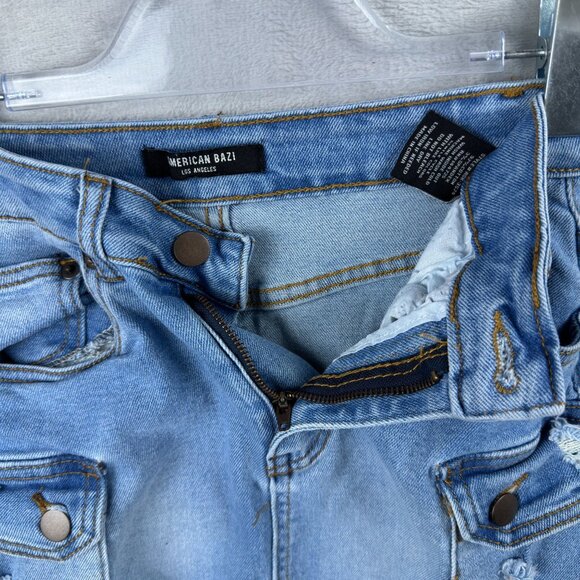 American Bazi Mini Skirt Cargo Denim Distressed Stretch Womens Size Small Blue - Picture 4 of 10